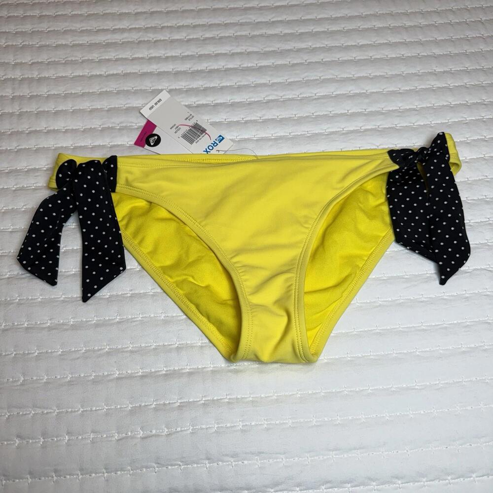 Roxy Yellow With Black Polka Dot Tie Side Swimsuit Bikini Bottom L Large NWT $36